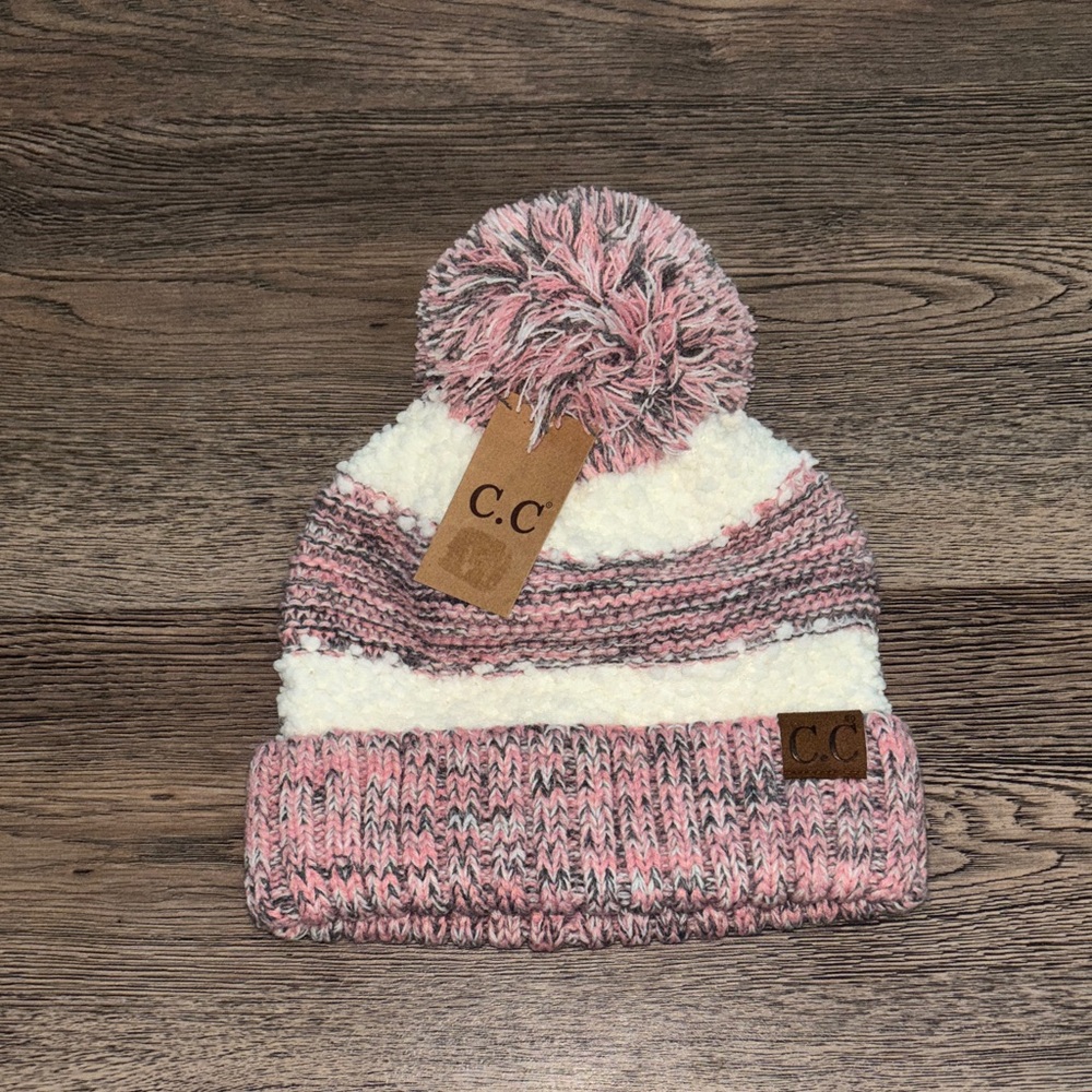C.C Beanie with Pom Pom - Pink and cream OS